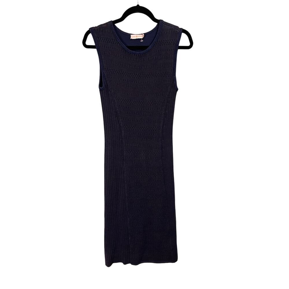 Tory Burch Womens Pointelle Knit Tank Dress Small Navy Blue Midi Quiet Luxury